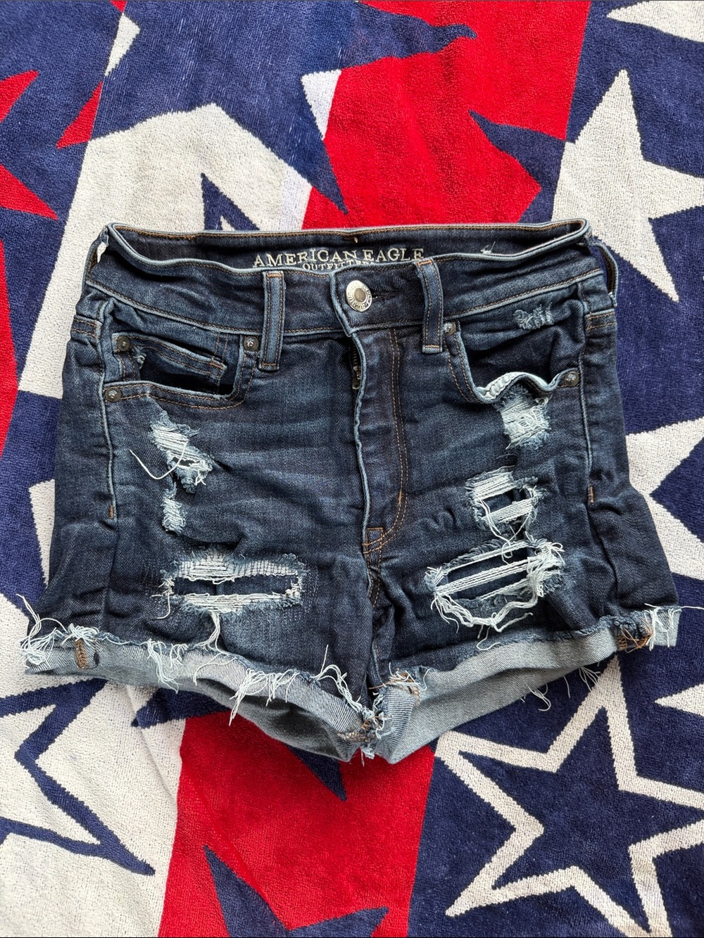 American Eagle Outfitters Dark Indigo Distressed High Rise Jean Shorts